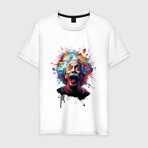 Мужская футболка из хлопка с принтом Эйнштейн с языком в краске, вид спереди №1