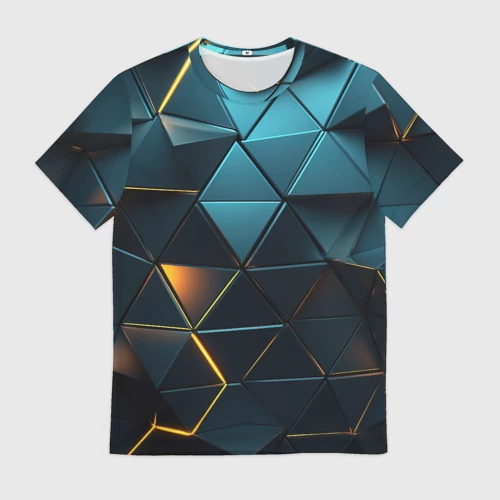 Мужская футболка 3D с принтом Объемные частицы с подсветкой, вид спереди #2