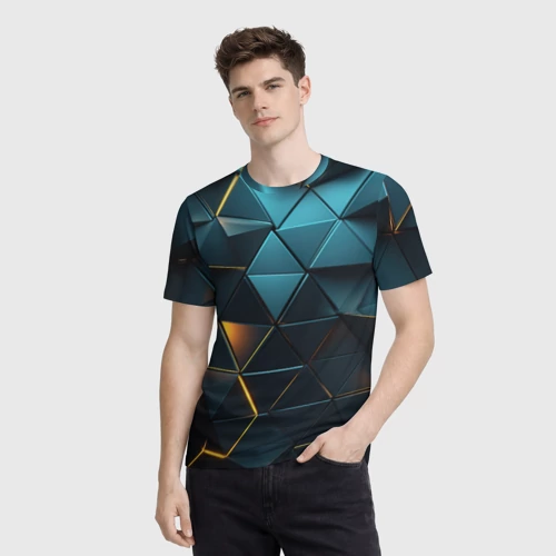 Мужская футболка 3D с принтом Объемные частицы с подсветкой, фото на моделе #1