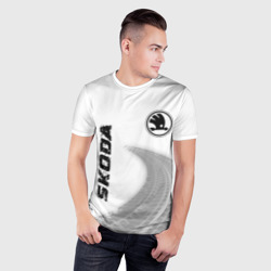Мужская футболка 3D Slim Skoda Speed на светлом фоне со следами шин: надпись, символ - фото 2