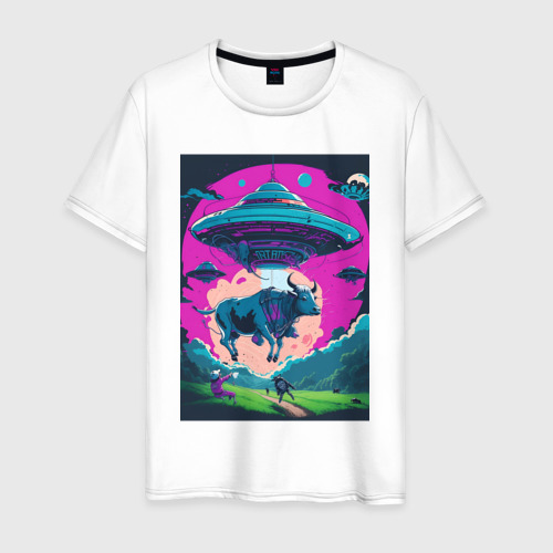 Мужская футболка из хлопка с принтом Похищение коровы пришельцами, вид спереди №1
