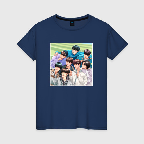 Женская футболка из хлопка с принтом Stray Kids вместе, вид спереди №1