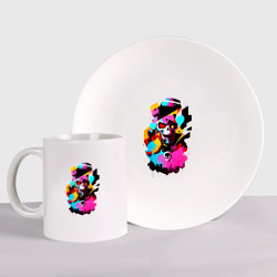 Набор: тарелка + кружка Череп - поп-арт - кляксы