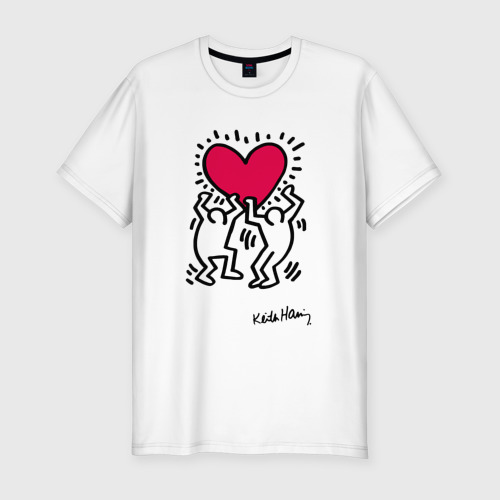 Мужская приталенная футболка из хлопка с принтом Человечки с сердцем - поп арт Кит Харинг, вид спереди №1