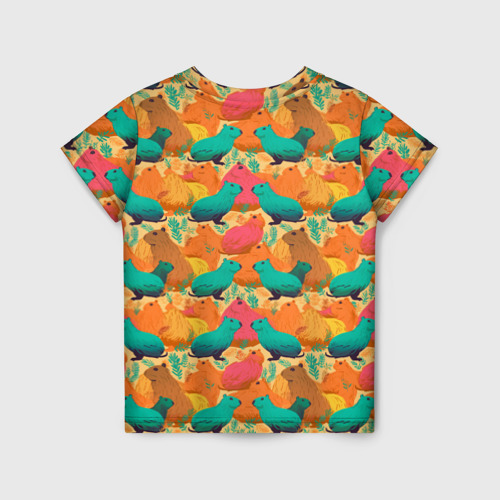 Детская футболка 3D с принтом Яркие капибары, вид сзади #1