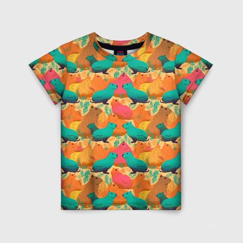 Детская футболка 3D с принтом Яркие капибары, вид спереди #2