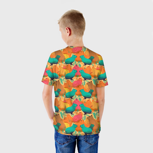 Детская футболка 3D с принтом Яркие капибары, вид сзади #2