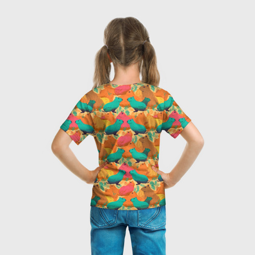 Детская футболка 3D с принтом Яркие капибары, вид сзади #2