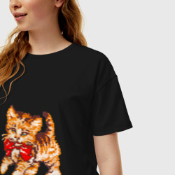 Женская футболка хлопок Oversize Милый котенок с бантом вышивной эффект - фото 2