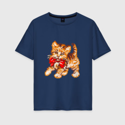 Женская футболка хлопок Oversize Милый котенок с бантом вышивной эффект