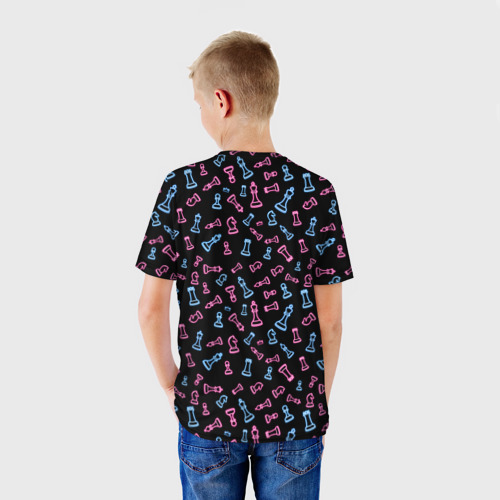 Детская футболка 3D Неоновые розовые и голубые шахматные фигуры на черном фоне, цвет 3D печать - фото 4
