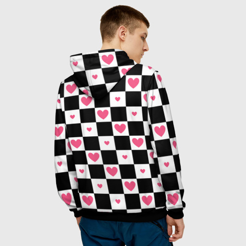 Мужская толстовка 3D с принтом Розовые сердечки на фоне шахматной черно-белой доски, вид сзади #2
