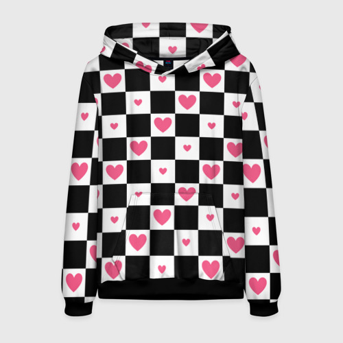 Мужская толстовка 3D с принтом Розовые сердечки на фоне шахматной черно-белой доски, вид спереди #2