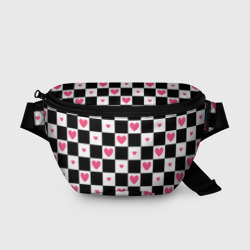 Поясная сумка 3D Розовые сердечки на фоне шахматной черно-белой доски