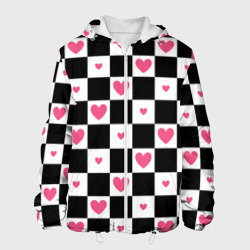 Мужская куртка 3D Розовые сердечки на фоне шахматной черно-белой доски