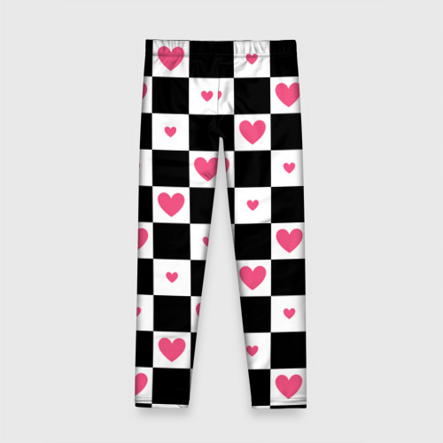 Детские леггинсы 3D Розовые сердечки на фоне шахматной черно-белой доски, цвет 3D печать - фото 2