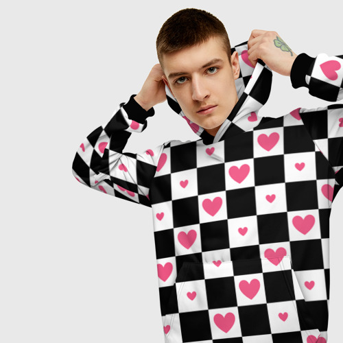 Мужская толстовка 3D с принтом Розовые сердечки на фоне шахматной черно-белой доски, вид сбоку #3