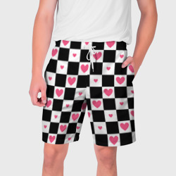 Мужские шорты 3D Розовые сердечки на фоне шахматной черно-белой доски