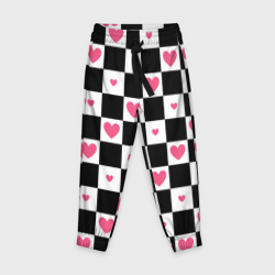 Детские брюки 3D Розовые сердечки на фоне шахматной черно-белой доски