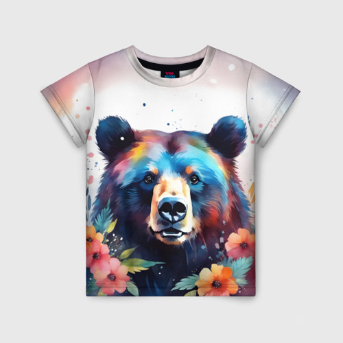 Детская футболка 3D Портрет медведя гризли с цветами акварелью, цвет 3D печать