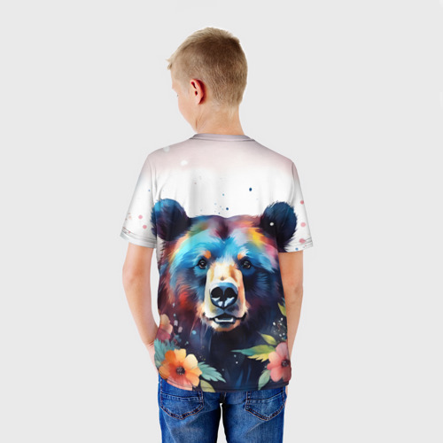 Детская футболка 3D Портрет медведя гризли с цветами акварелью, цвет 3D печать - фото 4