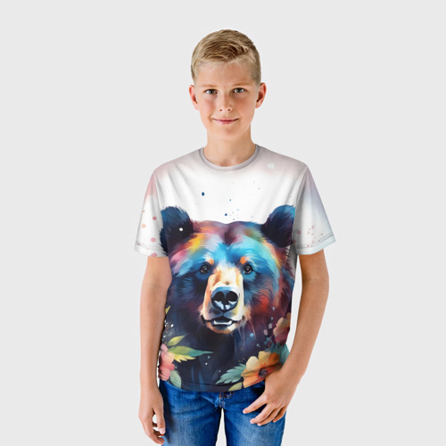 Детская футболка 3D Портрет медведя гризли с цветами акварелью, цвет 3D печать - фото 3
