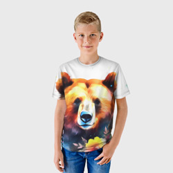 Детская футболка 3D Морда медведя гризли с цветами акварелью - фото 2