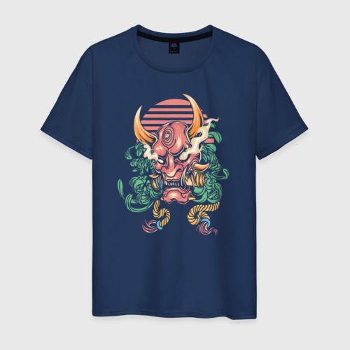 Светящаяся мужская футболка с принтом Маска японского демона они, вид спереди №1