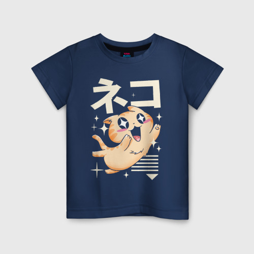 Светящаяся детская футболка с принтом Kawaii Japan cat, вид спереди №1