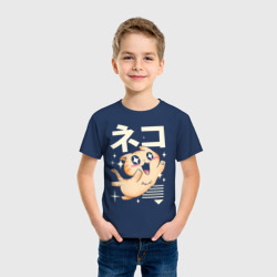 Светящаяся футболка с принтом Kawaii Japan cat для любого человека, вид спереди №2. Цвет основы: темно-синий