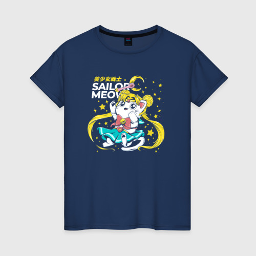 Светящаяся женская футболка с принтом Sailor meow kawaii, вид спереди №1