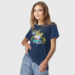Светящаяся  футболка с принтом Sailor meow kawaii для любого человека, вид спереди №2. Цвет основы: темно-синий
