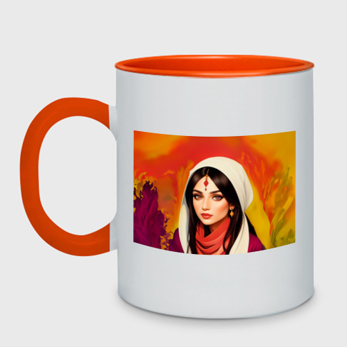 Кружка двухцветная Нейросеть - индийская принцесса, цвет белый + оранжевый