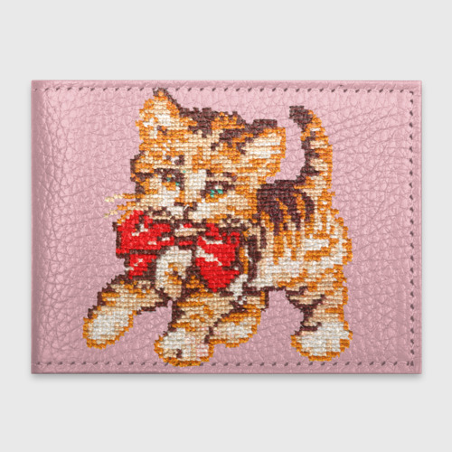Обложка для студенческого билета с принтом Милый котенок вышивка на розовом, вид спереди №1