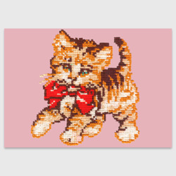Поздравительная открытка Милый котенок вышивка на розовом
