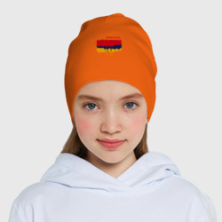 Шапка с принтом Flag Armenia для ребенка, вид на модели спереди №4. Цвет основы: оранжевый