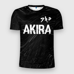 Мужская футболка 3D Slim Akira glitch на темном фоне: символ сверху