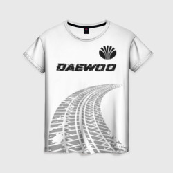 Женская футболка 3D Daewoo Speed на светлом фоне со следами шин: символ сверху