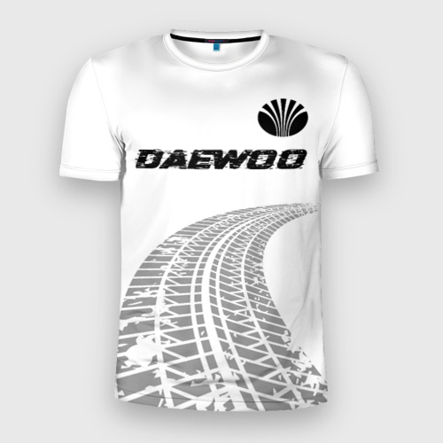 Мужская футболка 3D Slim Daewoo Speed на светлом фоне со следами шин: символ сверху, цвет 3D печать