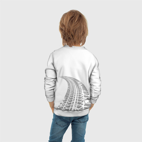 Детский свитшот 3D с принтом Daewoo speed на светлом фоне со следами шин: символ сверху, вид сзади #2