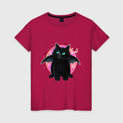 Женская футболка хлопок Черный котенок летучая мышь хэллоуин