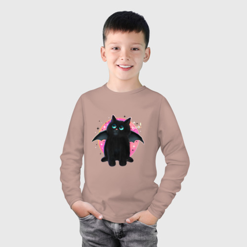 Детский лонгслив хлопок Черный котенок летучая мышь хэллоуин, цвет пыльно-розовый - фото 3