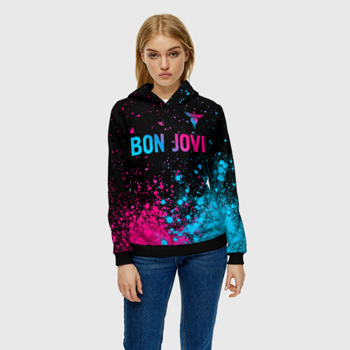 Женская толстовка 3D Bon Jovi - neon gradient: символ сверху, цвет 3D печать - фото 3