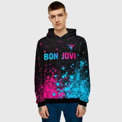 Толстовка с принтом Bon Jovi - neon gradient: символ сверху для мужчины, вид на модели спереди №2. Цвет основы: черный