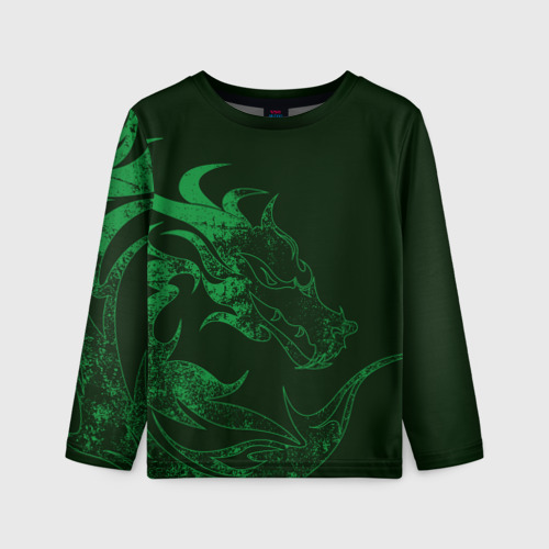 Детский лонгслив с принтом Кислотный зеленый дракон, вид спереди №1