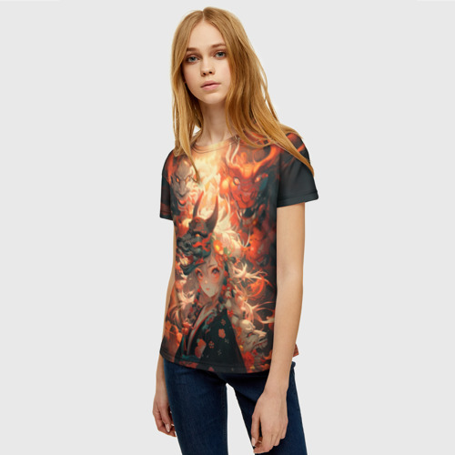 Женская футболка 3D Девчонка в маске демонического дракона, цвет 3D печать - фото 3