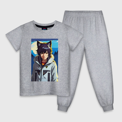 Детская пижама хлопок с принтом Девочка-волчонок - аниме, вид спереди #2