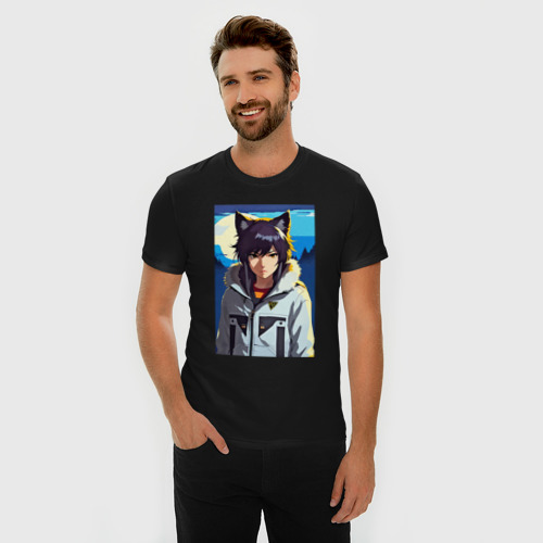 Мужская футболка хлопок Slim с принтом Девочка-волчонок - аниме, фото на моделе #1