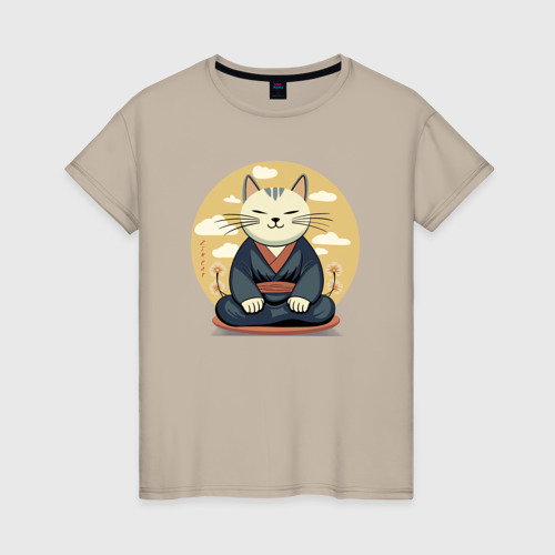 Женская футболка хлопок Дзен-кот, цвет миндальный