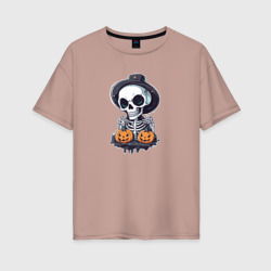 Женская футболка хлопок Oversize Скелет на Хэллоуин